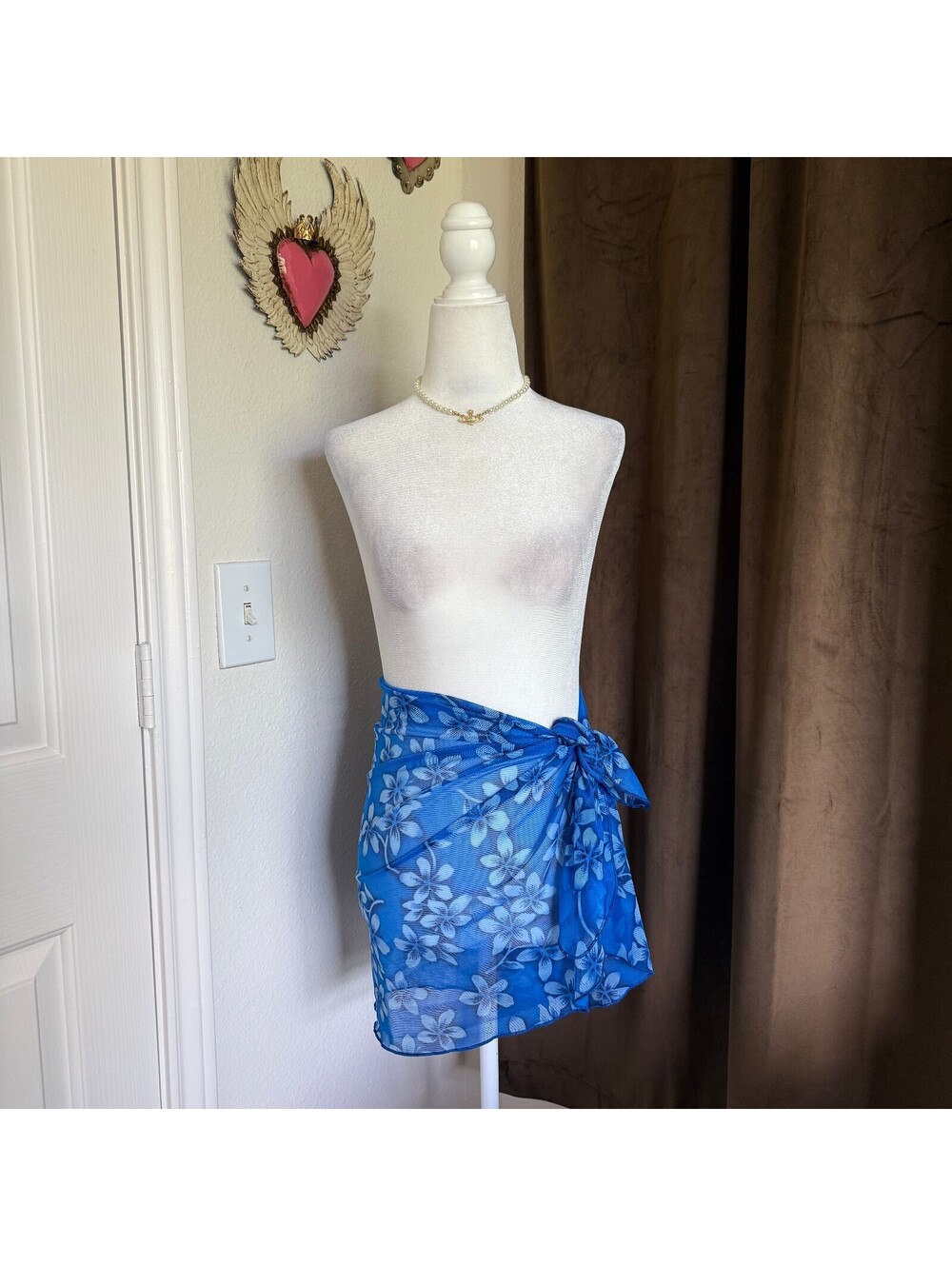 Vintage 1990s Leilani Coastal Beach Cover Up Floral Mesh Blue Sarong Vacation